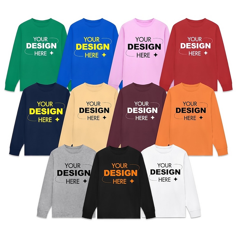Unisex Custom 100% cotton Long Sleeve shirt Crew Neck Shirt Spring & Fall tops black white yellow blue grey