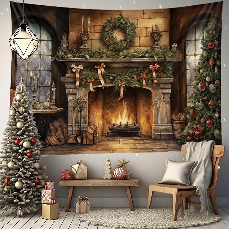 Christmas Decorations Christmas Tree Hanging Tapestry Wall Art Xmas Large Tapestry Mural Decor Photograph Backdrop Blanket Curtain Home Bedroom Living Room Decoration Fireplace3