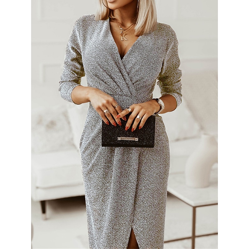 Women's Black Dress Party Dress Wedding Guest Dress Ruched Split V Neck Long Sleeve Formal Winter Dress Silver Black Spring Fall3