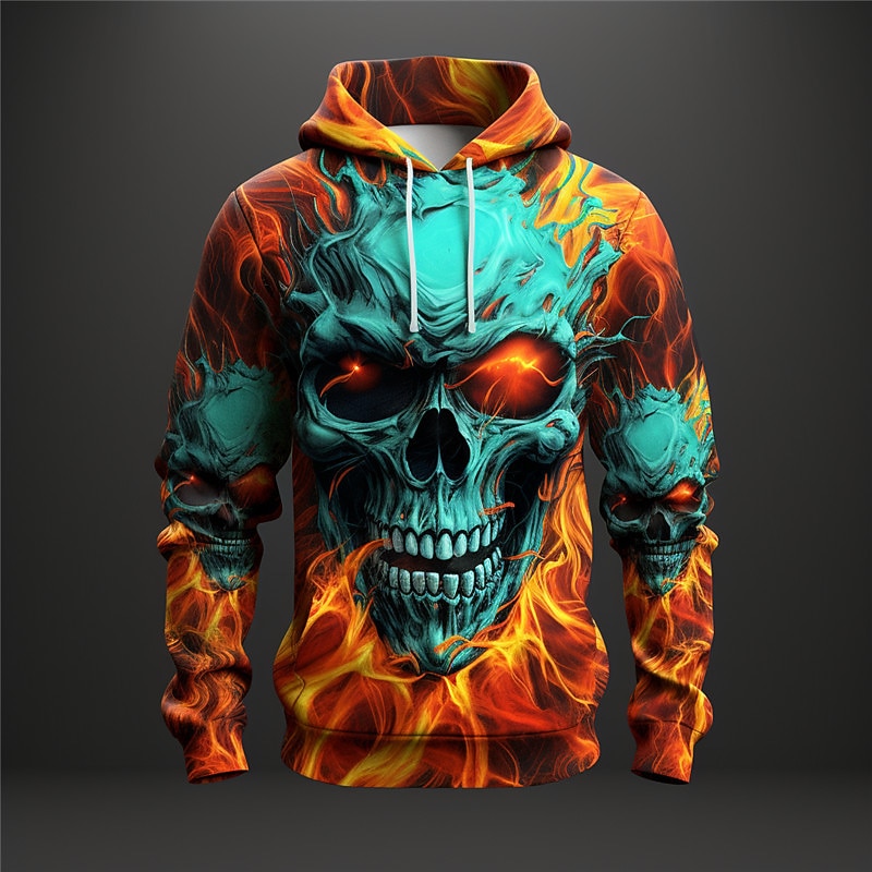 Men's Graphic Flame Skulls Hoodie Hoodies Sweatshirt Fashion Daily Long Sleeve Hooded Vacation Sports Outdoor Holiday Red Blue Print Front Pocket Spring &  Fall Designer