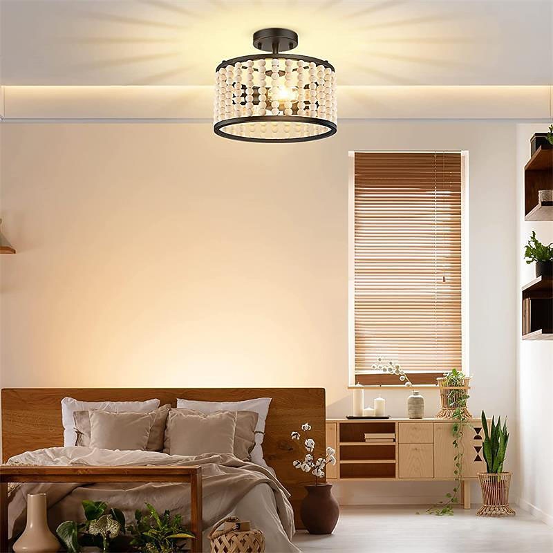 Bohemian Farmhouse Chandelier Wood Beaded Ceiling Light Fixture, Rustic Semi Flush Mount Ceiling Light Fixture, Black 2-Light Nursery Chandelier for Kitchen Island Foyer Hallway Bedroom Living Room, E26 Base 110-240V2