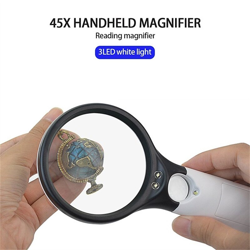 New Upgrade 3X 45X Handheld Magnifier 3 LED Light Reading Magnifying Glass Jewelry Repair Tool Jewellery Loupe 8