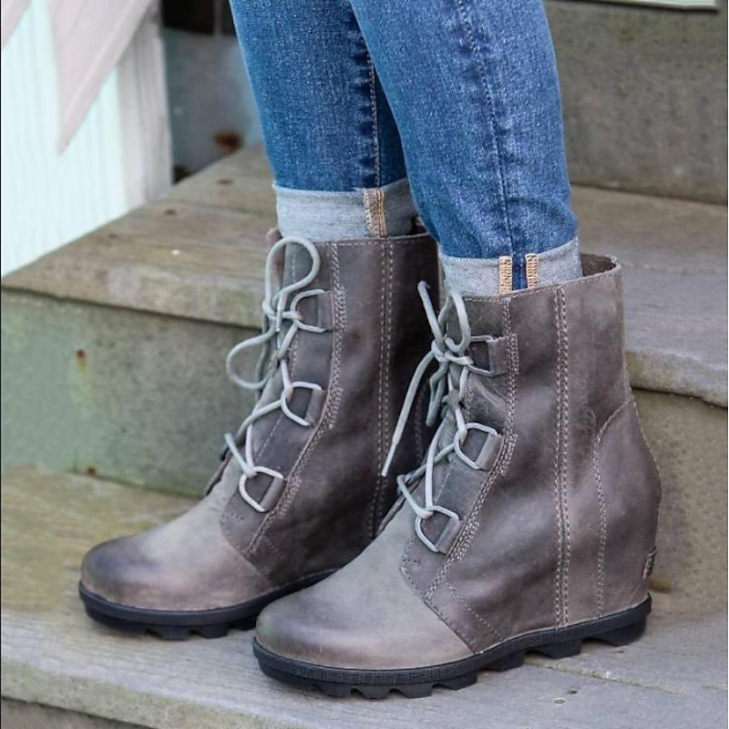 Women's Faux Leather Wedge Boots with Lace-Up Straps - Stylish and Durable Footwear for Outdoor Adventures and Everyday Wear2