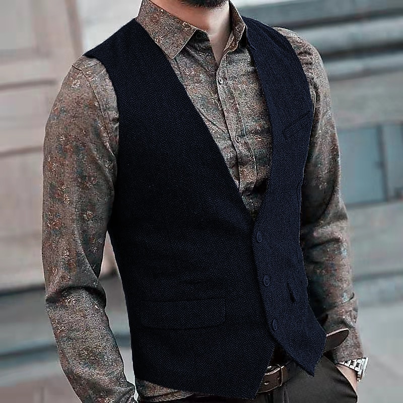 Men's Vest Suit Vest Waistcoat Wedding Party Evening Wear Festival Vintage Casual Cotton Blend Solid Colored Single Breasted One-button V Neck Slim Black Wine Red Navy Blue Vest3
