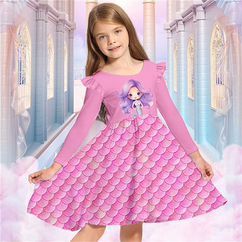 Girls' 3D Mermaid Ruffle Dress Pink Long Sleeve 3D Print Fall Winter Vacation Sports & Outdoor Daily Cute Casual Beautiful Kids 3-12 Years Casual Dress A Line Dress Above Knee Regular Fit3