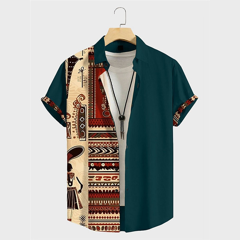 Men's Tribal Ethnic Bandana Print Shirt Button Up Shirt Short Sleeve Vintage Tribal Outdoor Street Casual Daily Fall Turndown Buttons Print Black Blue Brown3