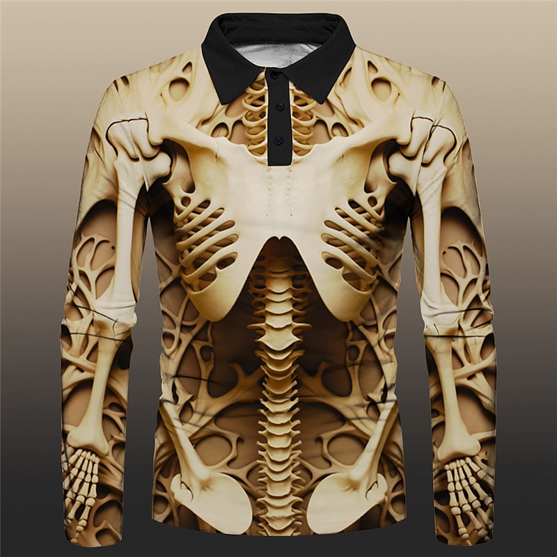 Day of the Dead Men's Skeleton Polo Shirts Golf Shirt Long Sleeve Polo Shirts Collared Shirts Casual Horror Festival Wear Party Outfits 3D Print Buttons Fall & Winter Yellow Khaki Gray3