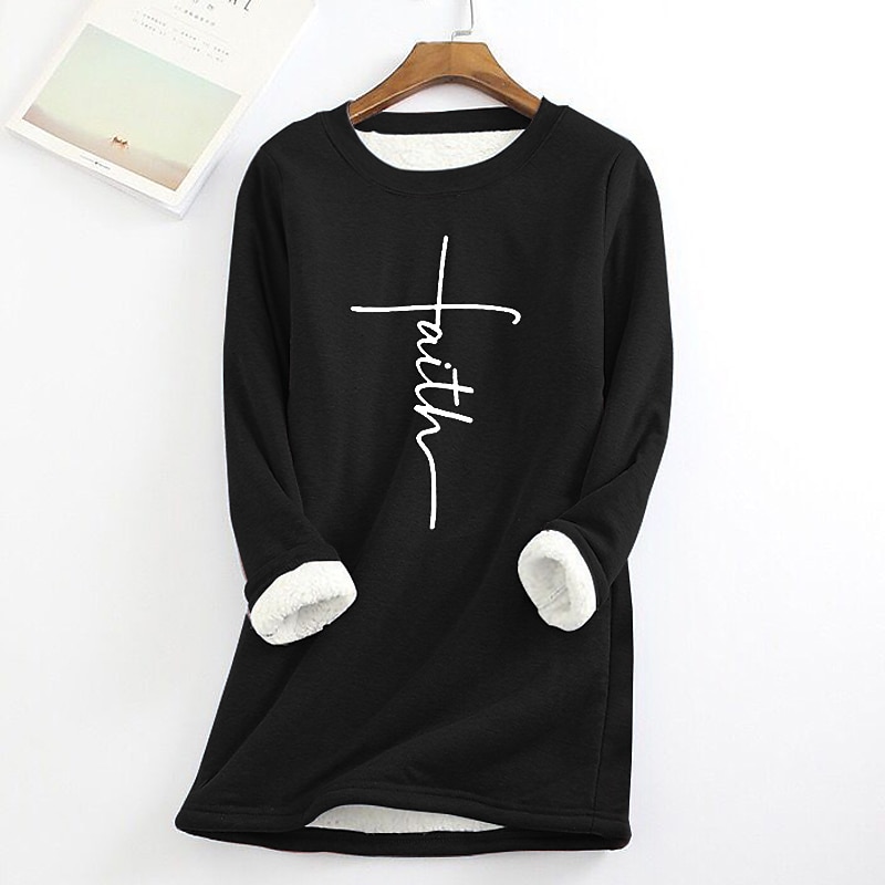 Women's Fleece Lined Pullover Sweatshirt Pajamas Letter Warm Fuzzy Long Sleeve Round Neck Crewneck Long Tops Casual Sports Black Yellow Dark Pink Red Blue Fall & Winter3