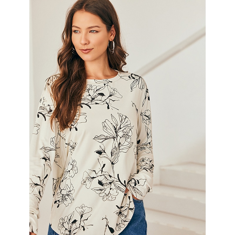 Floral Print Crew Neck Loose Shirt3