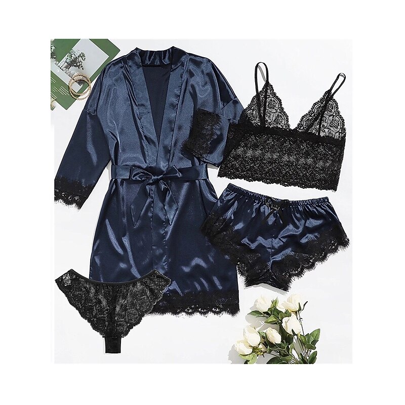 Women's Pajamas Sets 4 Pieces Pure Color Simple Casual Soft Home Daily Bed Satin Breathable V Wire Long Sleeve Shorts Summer Spring Home Outfits4