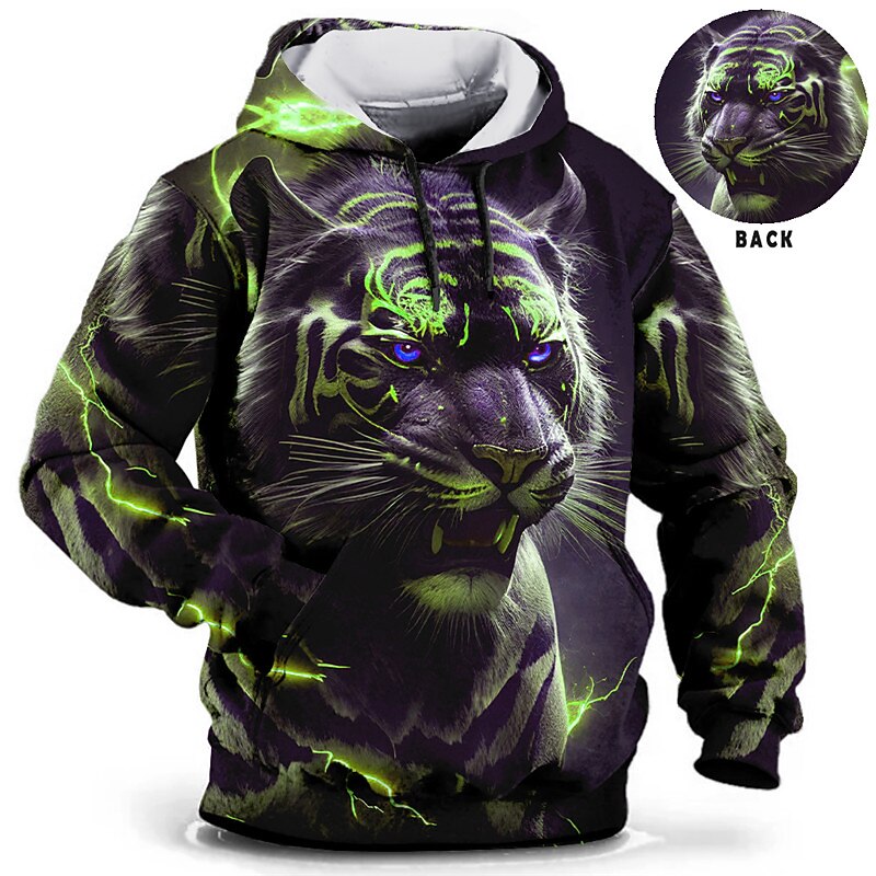 Men's Animal Tiger Graphic Prints Hoodie Hoodies Sweatshirt Daily Classic Long Sleeve Hooded Holiday Going out Streetwear Blue Brown Print Spring &  Fall Designer3