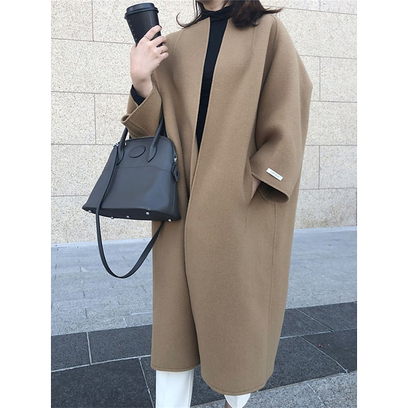 Women's Coat Warm Breathable Pocket Oversized Fashion OL Style Modern Street Style Solid Color Outdoor Street Shopping Daily Wear Cardigan Long Crewneck Regular Fit Long Sleeve Outerwear Navy Black