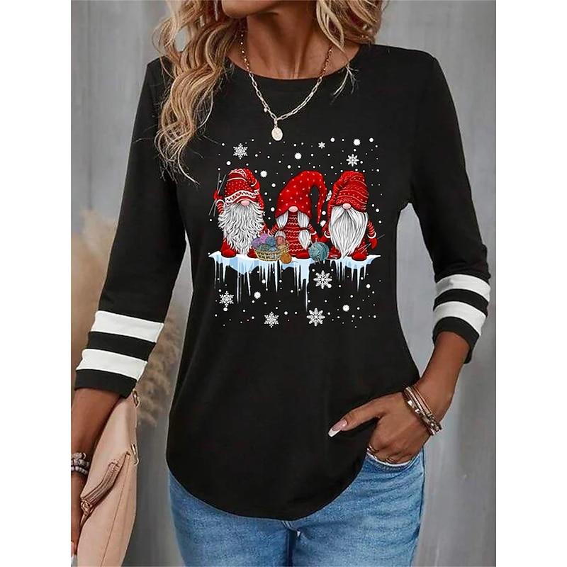 Women's T Shirt Festival / Holiday Print Long Sleeve Regular Tops Round Neck Weekend Black Red Blue Brown Green Spring &  Fall