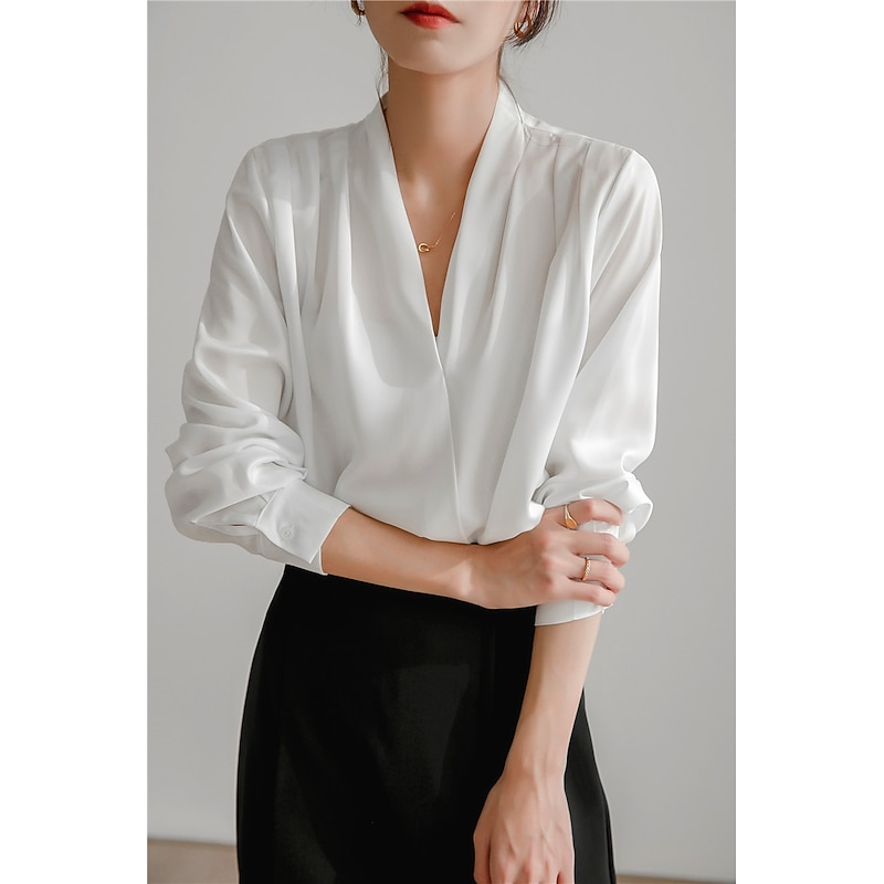 Women's Shirt Elegant Dressy Satin Plain Daily Business Mature Long Sleeve V Neck Regular Tops Work White Navy Blue Spring &  Fall4