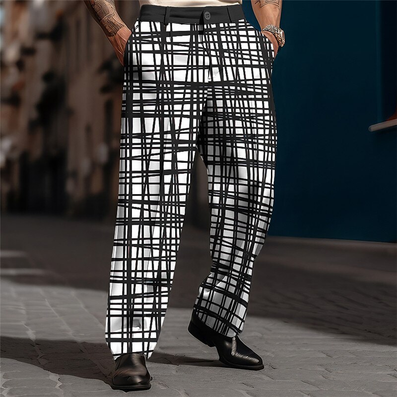 Plaid Geometry Business Abstract Men's 3D Print Pants Trousers Outdoor Street Wear to work Polyester Black Blue Brown S M L High Elasticity Pants2