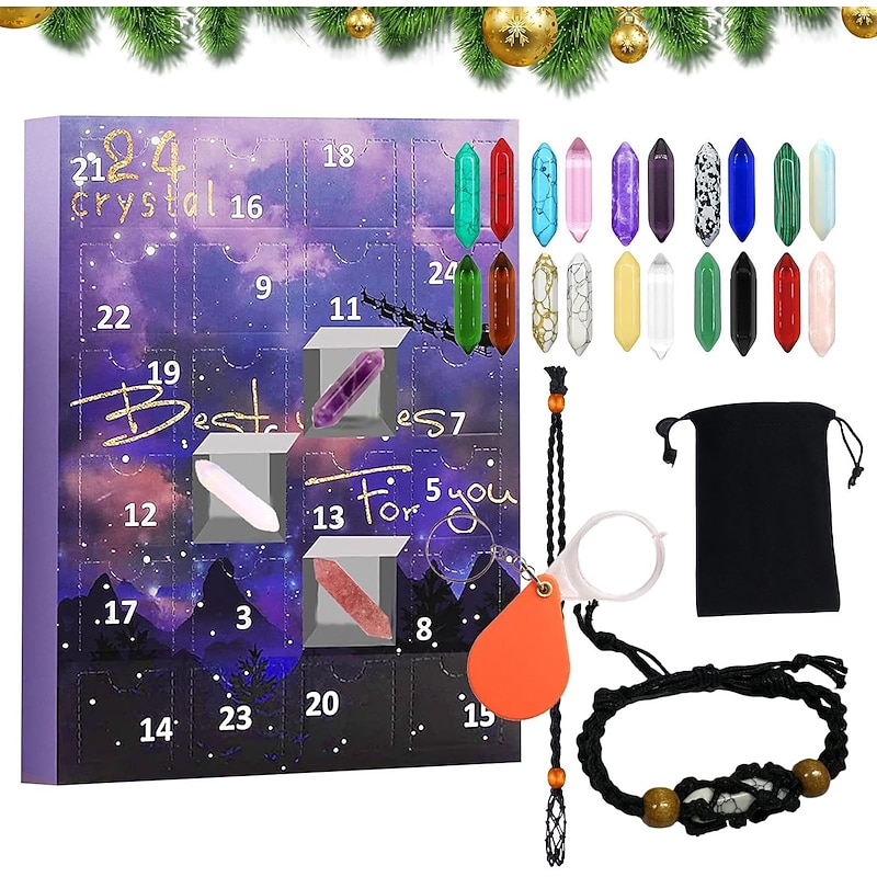 Stone Gift Box Advent Calendar, Gemstone 24 Days Countdown Calendar, Christmas Advent Calendar Polished Collection Toys For Geology Enthusiasts And Crystal Gem Collectors