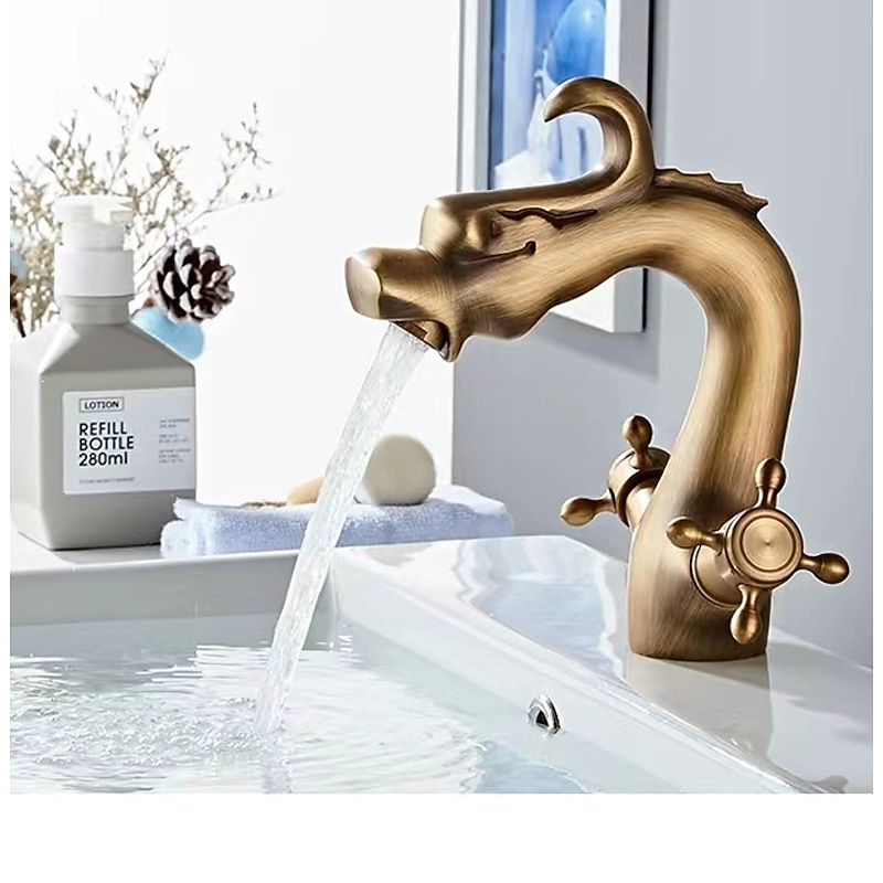 Bathroom Sink Faucet for Vessel, Novelty Loong Style Dragon Shape Mount Outsides Two Handle One Hole Tall Vessel Bath Taps in Antique Brass2