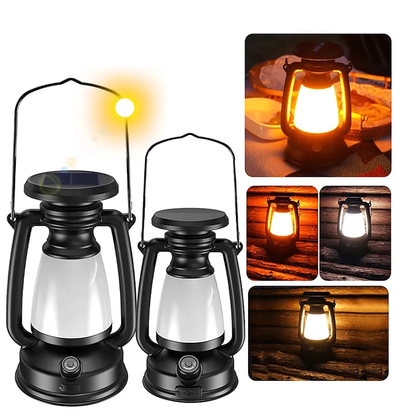 New Retro Lamp Tri-Color Led Stepless Dimming Light Source Portable Hanging Solar Charging USB Camping Outdoor Lighting 1PC