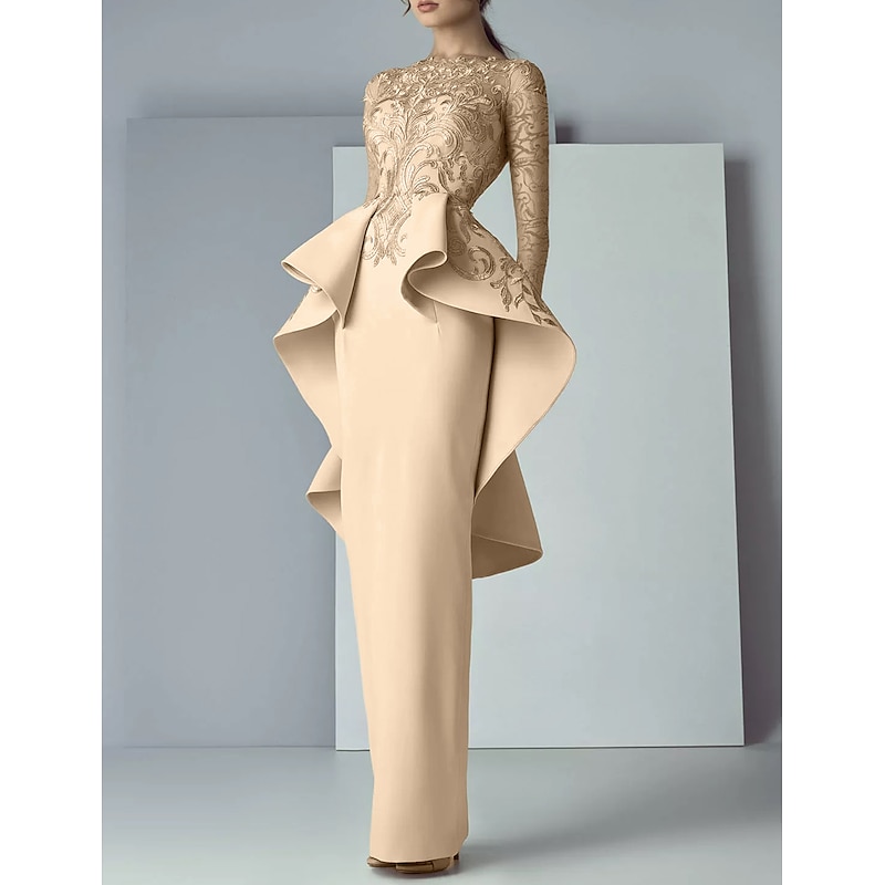 Sheath Mother of the Bride Dress Formal Wedding Guest Elegant Party Scoop Neck Floor Length Lace Stretch Fabric Long Sleeve with Ruffles Appliques