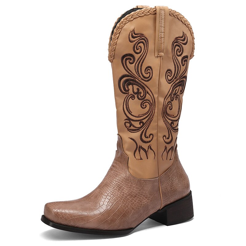Men's Western Cowboy Boots – Brown Faux Leather with Embroidered Patterns and Crocodile Texture for Vintage Style3