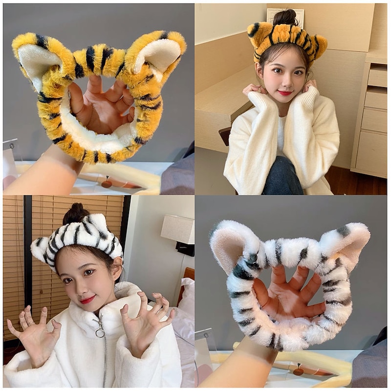Cute Tiger Shampoo Hair Band Cartoon Cute Animal Headwear Shampoo Makeup Plush Tiger Ear Band4