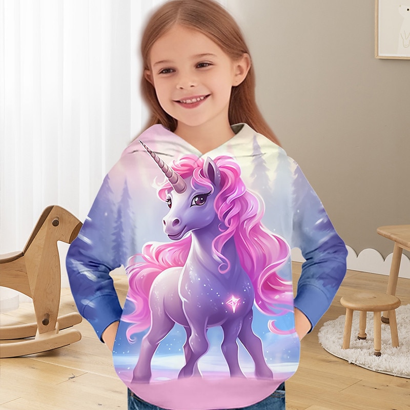 Girls' 3D Unicorn Hoodie Pullover Long Sleeve 3D Print Fall Winter Active Fashion Cute Kids 3-12 Years Outdoor Casual Daily Regular Fit