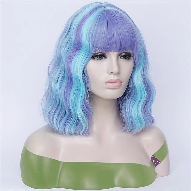 Highlight Short Curly Wavy Bob Wig Synthetic Wig With Bangs Anime Cosplay Wig For Halloween Cosplay Party Christmas Party Wigs4
