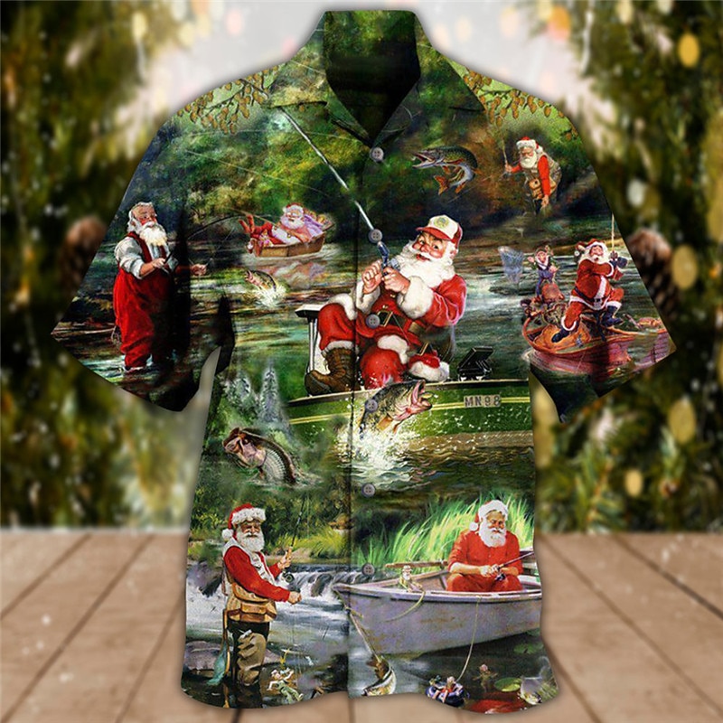 Christmas Men's Santa Claus Printed Shirts Santa Claus Casual Outdoor Street Fall Turndown Short Sleeve Green S M L Shirt