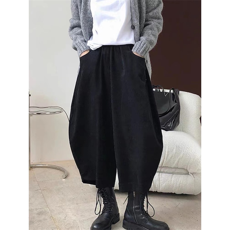 Women's Bloomers Cropped Pants Harem Pants Vacation Vintage Fashion Ankle-Length High Waist Solid Color Pocket Elastic Waist Breathable Comfortable Micro-elastic Outdoor Street Daily dark brown Black4