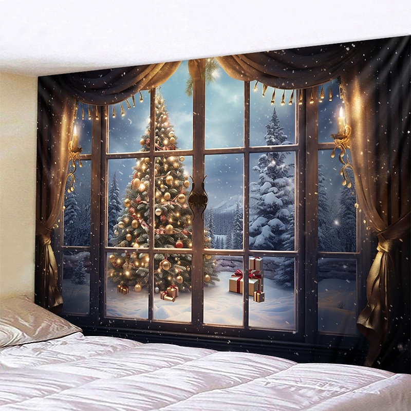 Christmas Decorations Christmas Tree Winter Hanging Tapestry Wall Art Xmas Large Tapestry Mural Decor Photograph Backdrop Blanket Curtain Home Bedroom Living Room Decoration Snow Window View 8