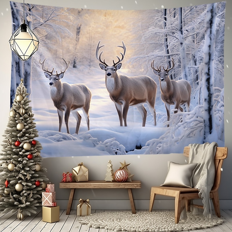 Winter Wonderland Hanging Tapestry Wall Art Large Tapestry Mural Decor Photograph Backdrop Blanket Curtain Home Bedroom Living Room Decoration Snow Reindeer 8