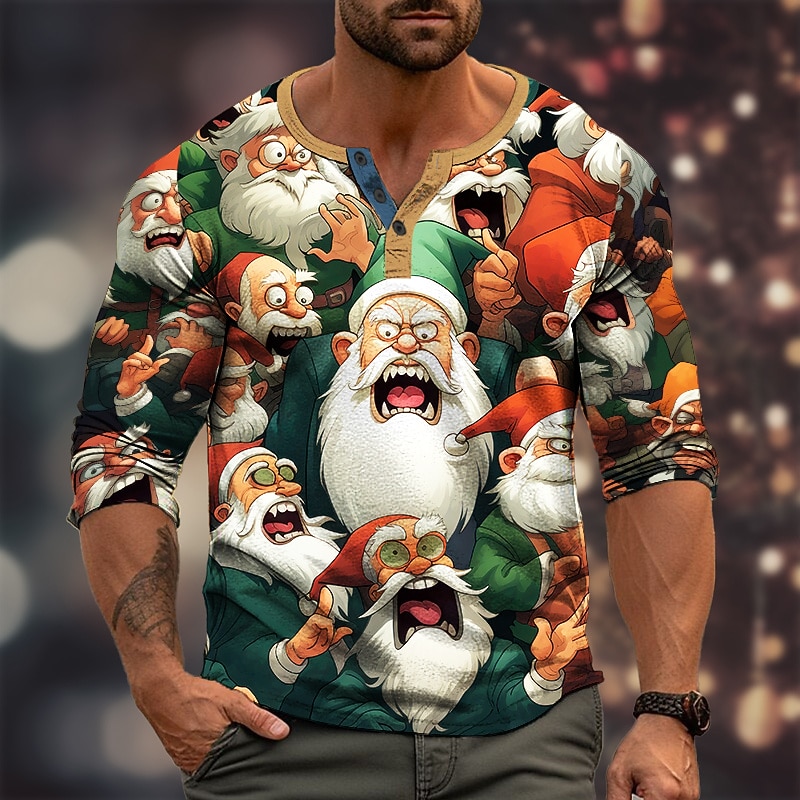 Christmas Men's Santa Claus Henley T Shirt Graphic Hat Fashion Daily Casual 3D Print Henley Casual Holiday Going out Red Brown Green Long Sleeve Henley Spring &  Fall Clothing Apparel S M L XL XXL