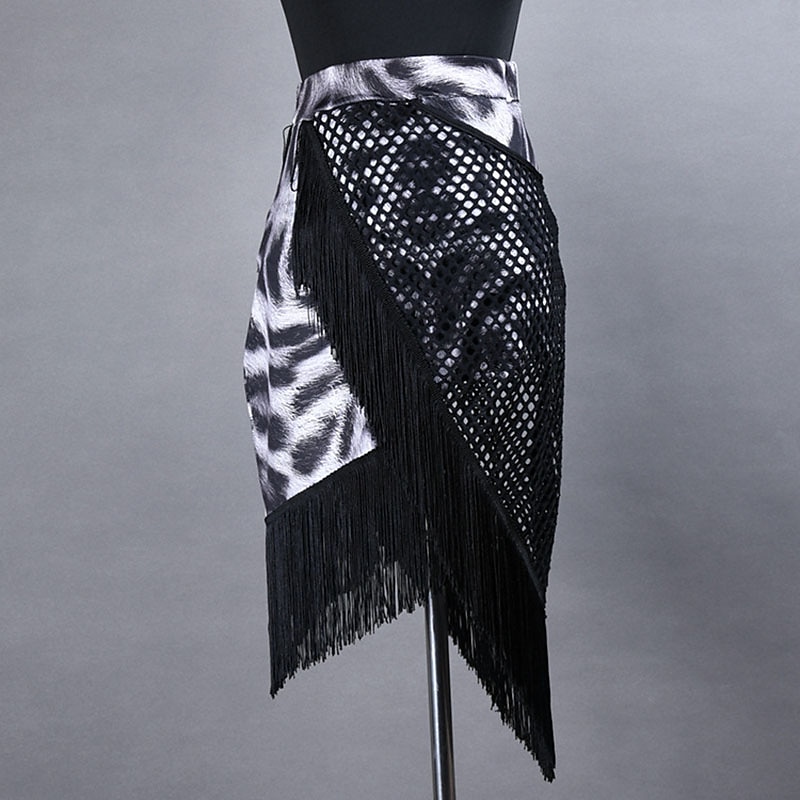 Latin Dance Skirts Leopard Print Tassel Splicing Women's Performance Training High Spandex