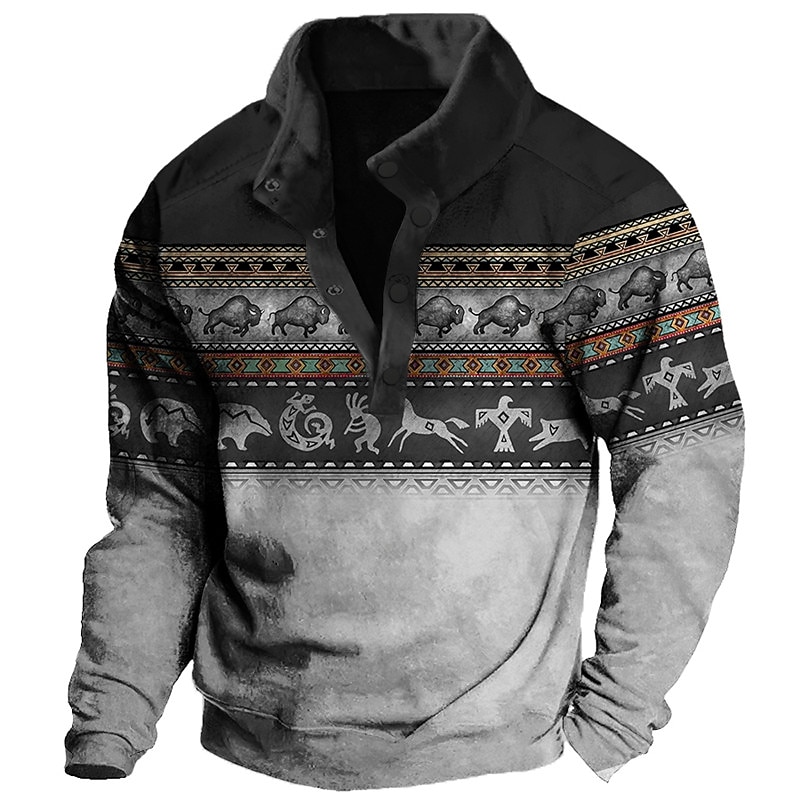 Men's Graphic Animal Cowboy Sweatshirts Sweatshirt Long Sleeve Sweatshirt Stand Collar Ethnic Vintage Retro Western Cowboy 3D Print Vacation Sports Outdoor Holiday Print Spring &  Fall4