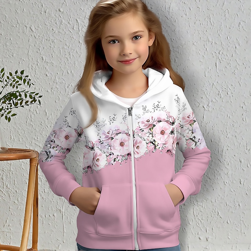 Girls' 3D Floral Hoodie Coat Outerwear Pink Long Sleeve 3D Print Fall Winter Active Fashion Cute Kids 3-12 Years Outdoor Casual Daily Regular Fit