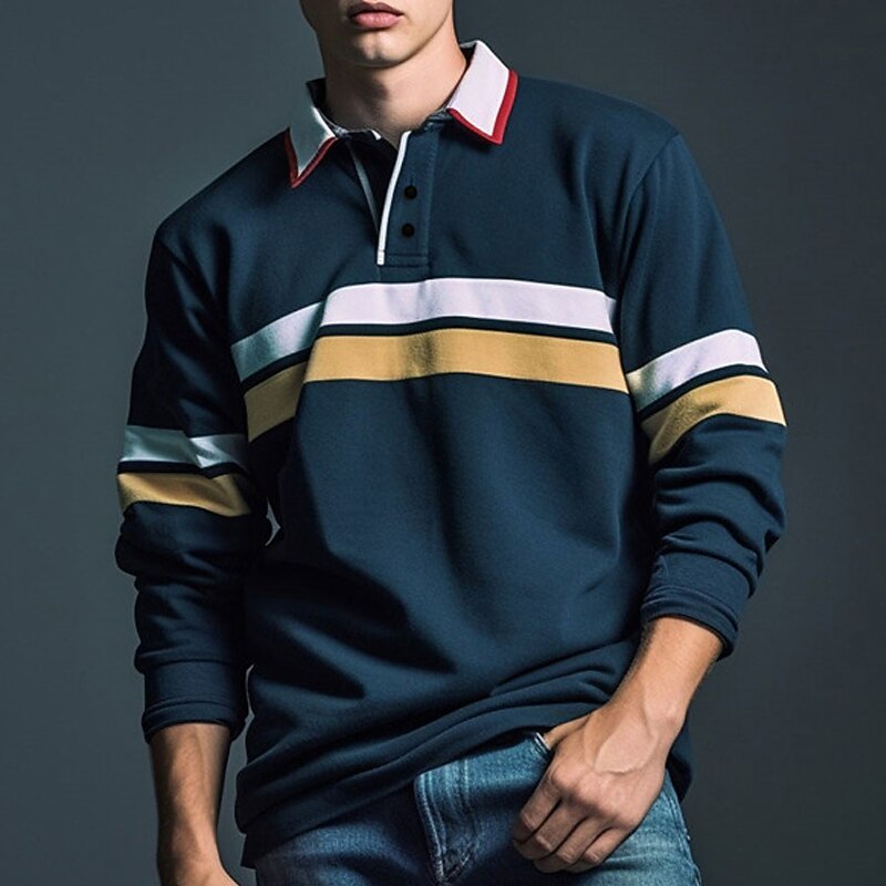 Men's Stripe Rugby Polo Long Sleeve Polo Shirts Zip Casual Outdoor Casual Daily Streetwear 3D Print Fall & Winter Red Navy Blue Dark Blue3
