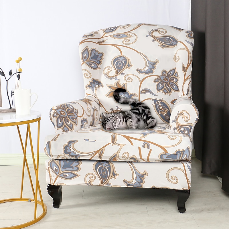 1 Set of 2 Pieces Floral Printed Stretch Wingback Chair Cover Wing Chair Slipcovers Spandex Fabric Wingback Armchair Covers with Elastic Bottom for Living Room Bedroom Decor
