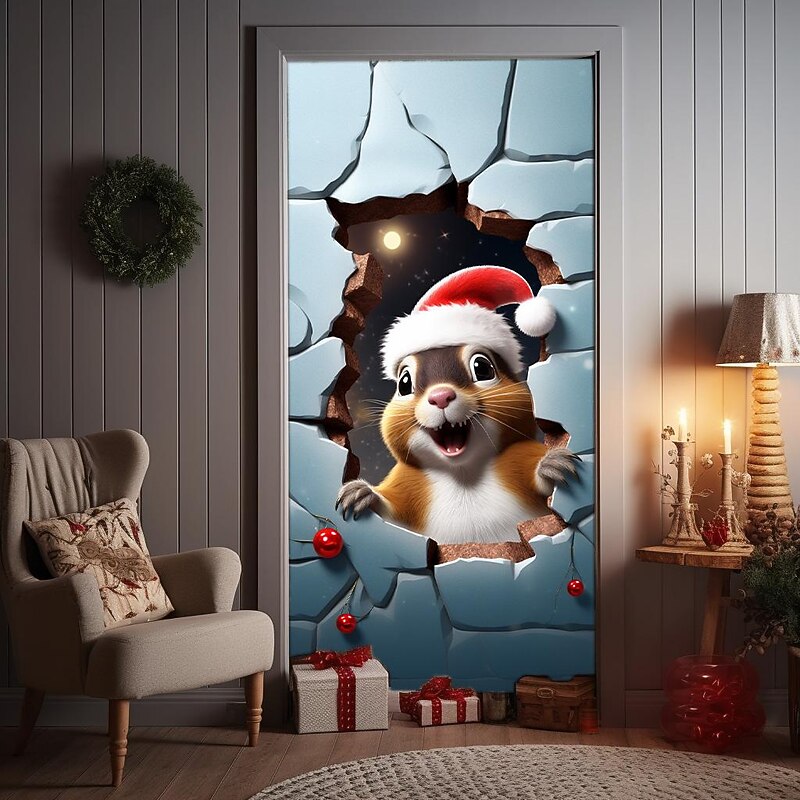 Christmas Door Decorations Animal Broken Door Covers Door Tapestry Door Curtain Decoration Xmas Backdrop Door Banner for Front Door Holiday Party Decor Supplies3