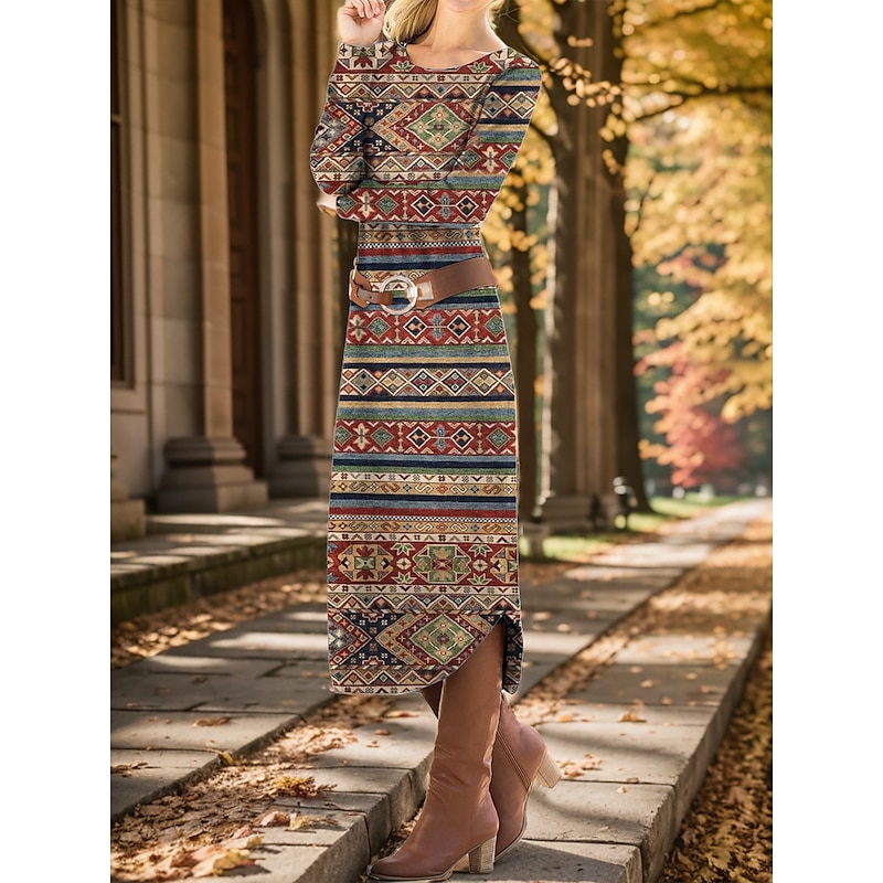 Women's Midi Dress Winter Dress Ethnic Dress Print Dress Vintage Ethnic Tribal Outdoor Vacation Daily Loose Fit Geometric Color Block Tribal Long Sleeve Crew Neck Black Red Brown Khaki Fall Winter4