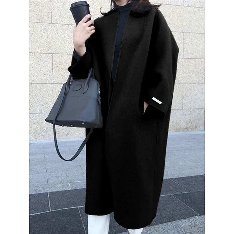 Women's Coat Warm Breathable Pocket Oversized Fashion OL Style Modern Street Style Solid Color Outdoor Street Shopping Daily Wear Cardigan Long Crewneck Regular Fit Long Sleeve Outerwear Navy Black3
