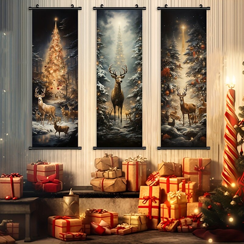 1pc Christmas Poster with Hangers Courtyard Christmas Deer And Colorful Christmas Tree Wall Art Canvas Posters Art For Home Living Room Decoration Wall Art Decor3