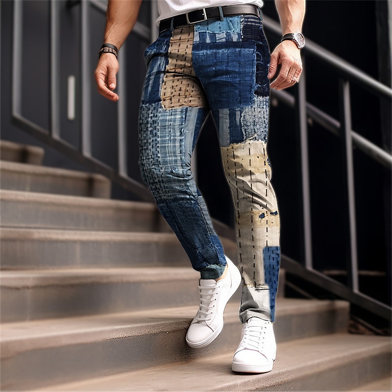 Color Block Plaid / Check Business Casual Men's 3D Print Dress Pants Pants Trousers Outdoor Daily Wear Streetwear Polyester Navy Blue Royal Blue Blue S M L Medium Waist Elasticity Pants4