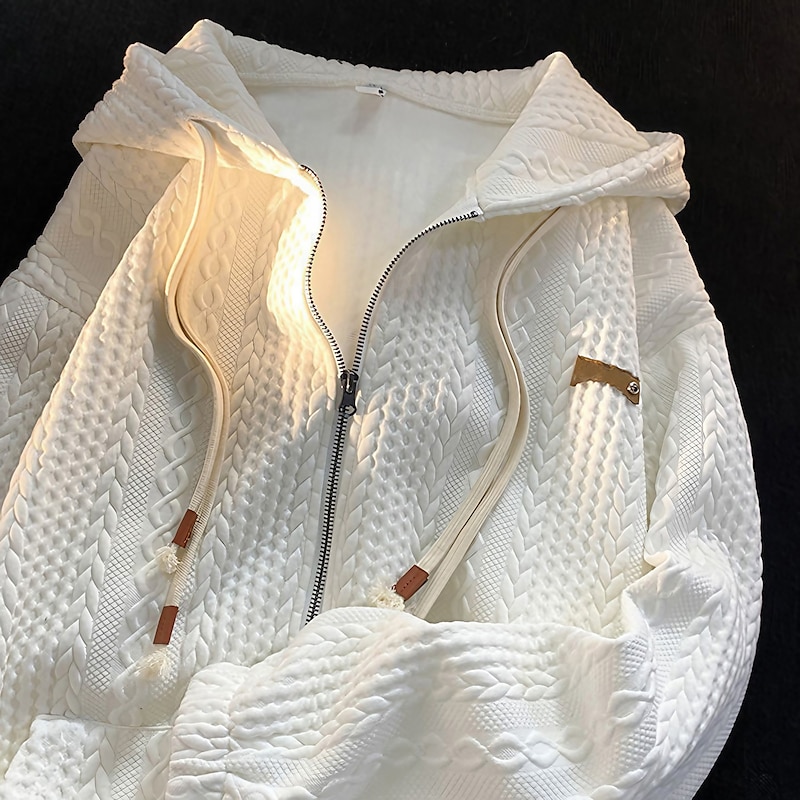 Women's Zip Up Hoodie Sweatshirt Active Sportswear Textured Jackets Solid Color Casual Sports Hoodie Zip Up Drawstring Front Pocket Long Sleeve Black White Fall & Winter