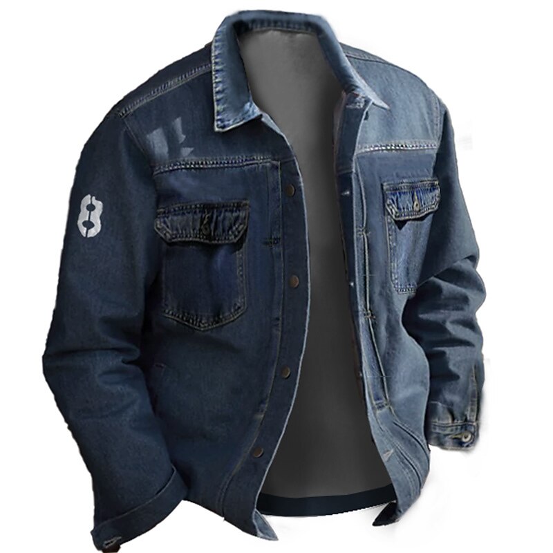 Men's Number Coat Jean Jacket Denim Jacket Comfortable Breathable Casual Sports & Outdoor Going out Weekend Buttons Print Fall & Winter Turndown Long Sleeve Black Blue2