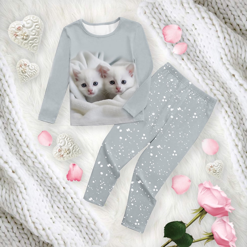 Girls' 3D Cat Pajama Sets Pink Long Sleeve 3D Print Fall Winter Active Fashion Cute Kids 3-12 Years Crew Neck Home Causal Indoor Regular Fit2
