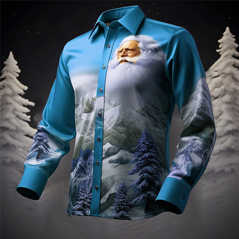 Christmas Men's Santa Claus Printed Shirts Santa Claus Mountain Casual Outdoor Street Fall & Winter Turndown Long Sleeve Yellow Red Dark Navy S M L Shirt4