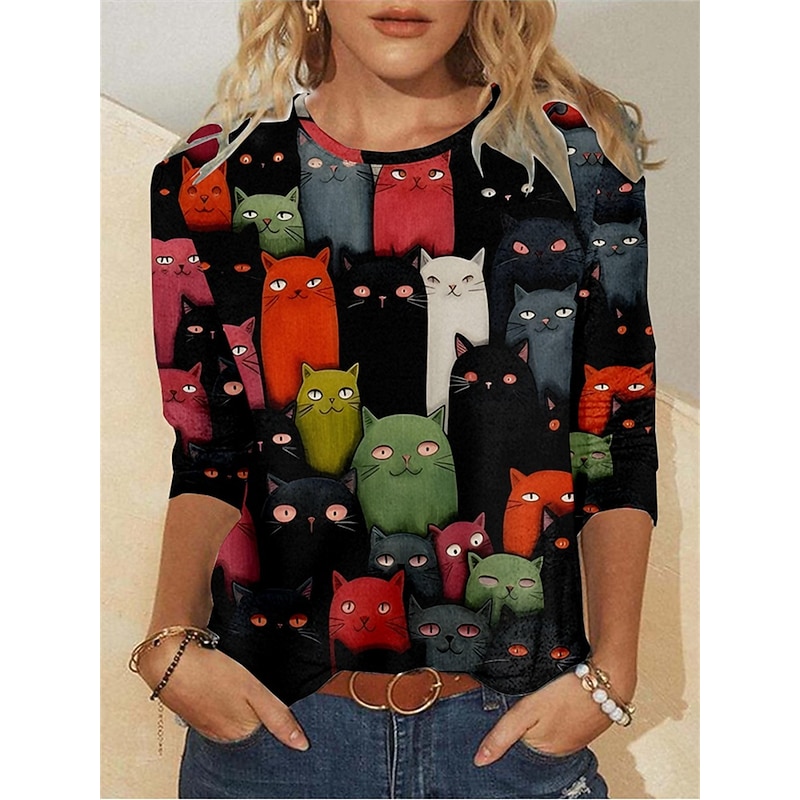 Women's T shirt Long Sleeve Crew Neck Long Sleeve Tunic Cat Print Regular Tops Round Neck Daily Weekend Black Yellow Orange Spring & Fall Prefall