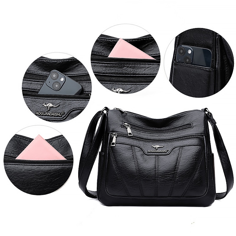 Women's Black Brown Crossbody Bag with Multiple Zippered Pockets - Stylish & Practical Everyday Shoulder Bag for Work & Casual Use4