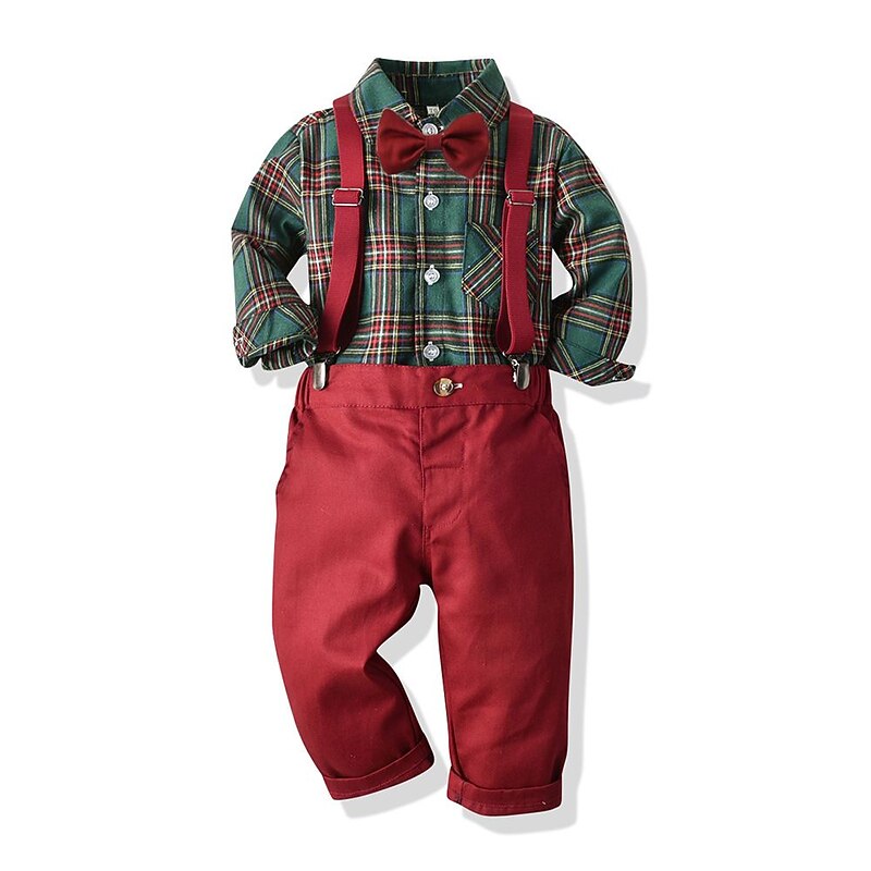 2 Pieces Ring Bearer Suit Boys Kids Christmas Sets Shirt & Pants Clothing Set School Anniversary Fashion Daily Plaid Buttons Pocket Yellow Wine Army Green Cotton2