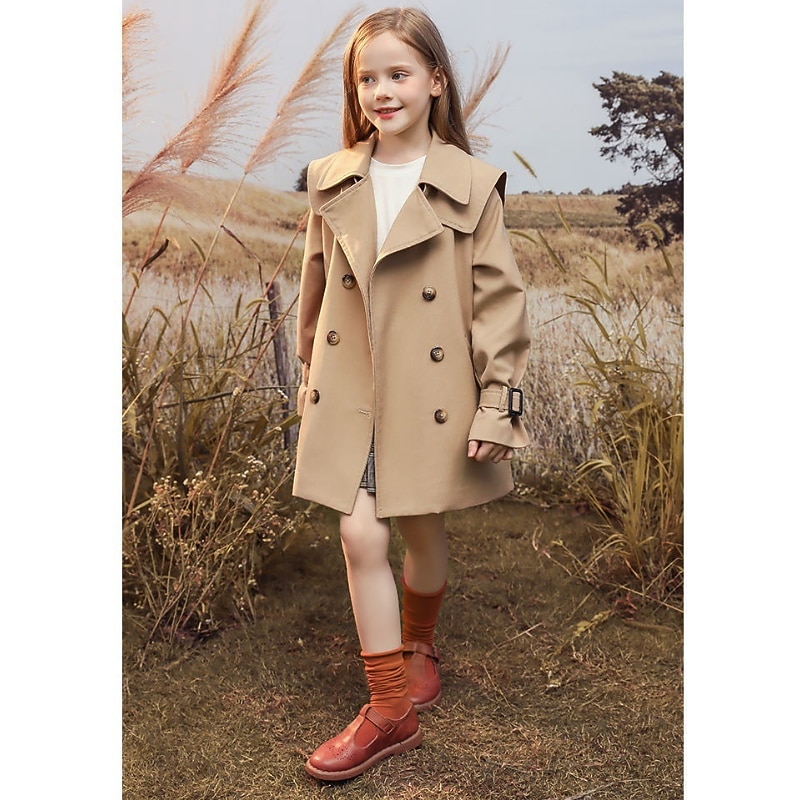 Kids Girls' Trench Coat Long Sleeve Khaki color, cotton and thickening Solid Color Buttons Spring Fall Fashion School 7-13 Years4